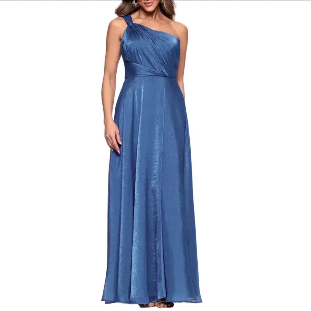XSCAPE EVENINGS One Shoulder Blue Metallic Organza Gown Size 10